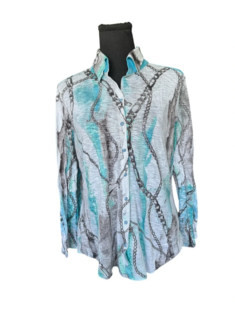 David Cline M Chain Print Rhinestone Button Down Shirt Turquoise Gray USA